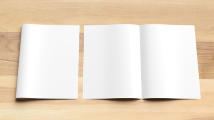 Blank Bi fold A4 size brochure mock up on wooden background. 3D illustrating.