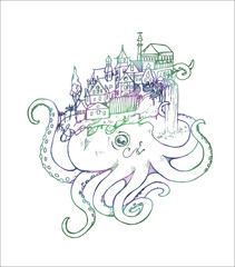 Illustration of an octopus with an old city. Black and white drawing.