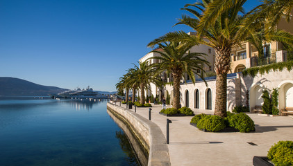 Fototapeta na wymiar Beautiful view of the Tivat embankment on a sunny winter day