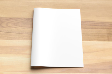 Blank Bi fold A4 size brochure mock up on wooden background. 3D illustrating.