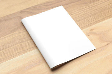 Blank Bi fold A4 size brochure mock up on wooden background. 3D illustrating.