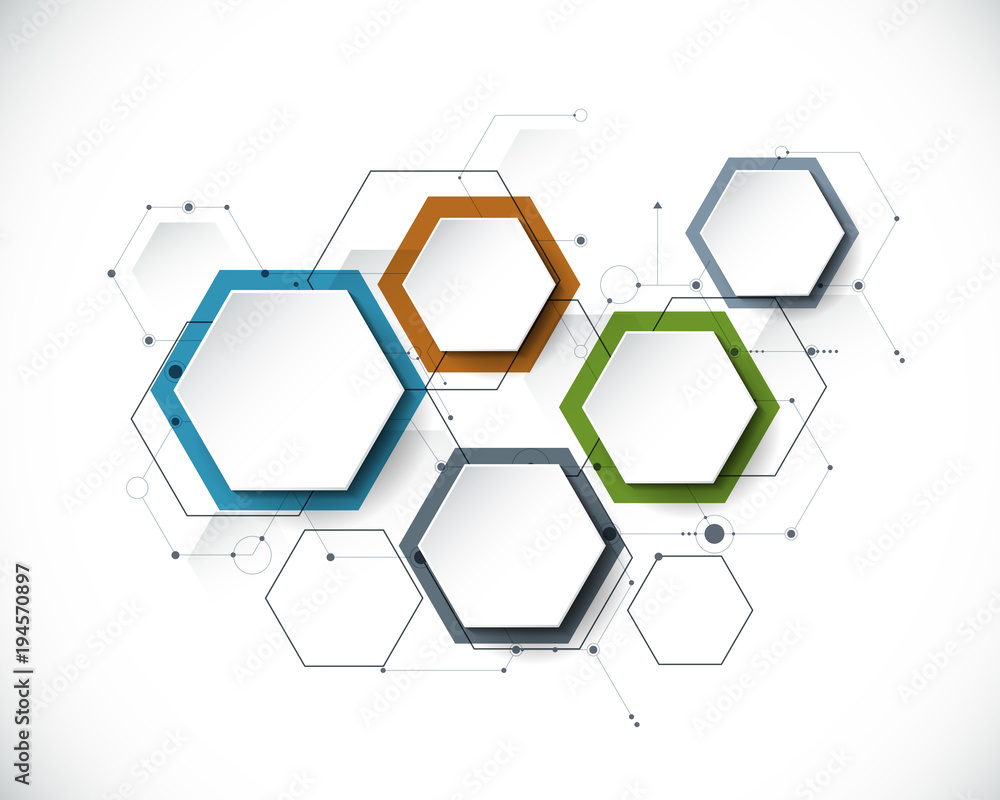 Wall mural Vector molecule with 3D paper label, integrated Hexagon background. Blank space for content, business, infographic, diagram,digital network, flowchart. Social network connection technology concept