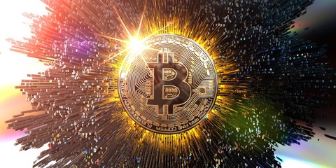 Bitcoin gold Growing on dark digital background, top view, 3d concept illustration. © Paradorn