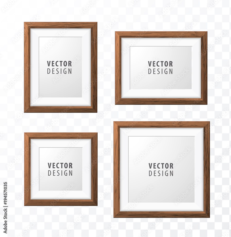 Poster set of realistic minimal isolated wood frames on transparent background for presentations . vector e