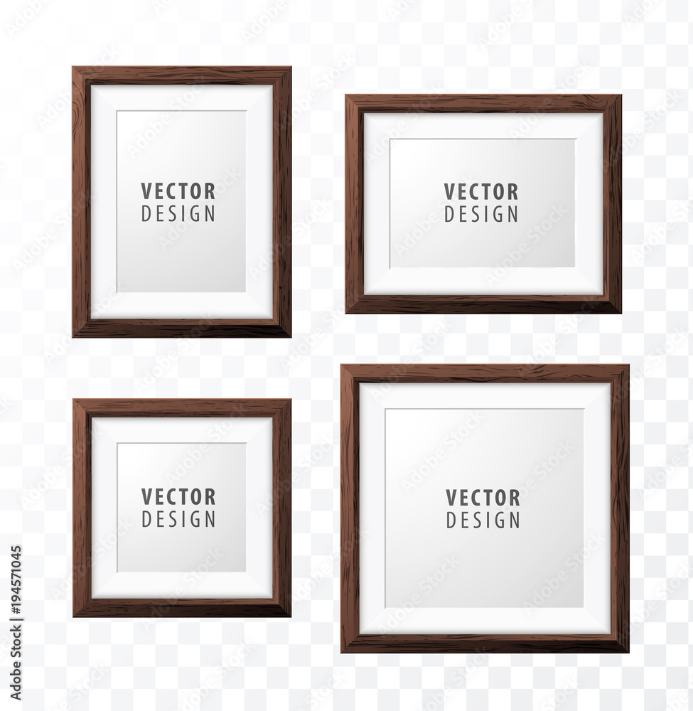 Poster set of realistic minimal isolated wood frames on transparent background for presentations . vector e