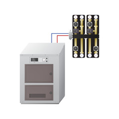 Solid fuel boiler with the pump unit. Vector illustration. The HVAC equipment. Hydraulic strapping.