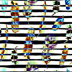 Seamless pattern with watercolor feathers. Can be used for textile print, design tile, wallpaper, abstract background.