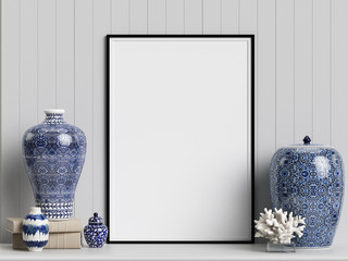 Interior decor mockup with chinese ginger jars and corals.Digital illustration.3d rendering