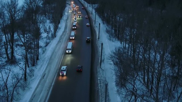 aerial photography winter evening wedding convoy of limousines