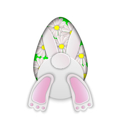 Vector illustration for Happy Easter with bunny bottom and carved from paper Easter egg. Paper cut out art style.