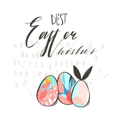 Hand drawn vector abstract graphic scandinavian collage Happy Easter cute simple bunny,eggs illustrations greeting card and handwritten calligraphy Best Easter wishes isolated on white background