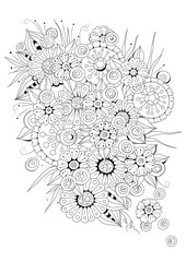 Hand drawn backdrop. Coloring book, page for adult and older children. Black and white abstract floral pattern. Vector illustration. Design for meditation.