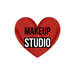 Makeup studio Logo template with red Lipstick smear and trace in the form of heart. vector illustration. Makeup and Love fashion inscription. Woman s cosmetics concept.
