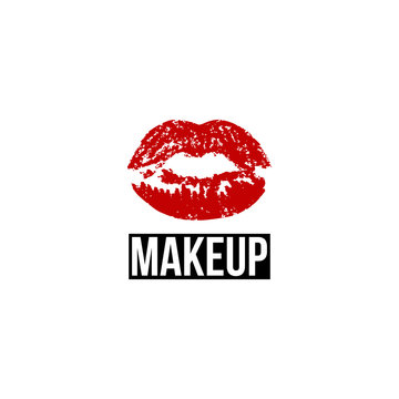 Red print lip, beauty logo template. Logo for make-up artist, beauty studio, make up studio or salon. Decorative cosmetic, makeup, beauty salon, stylist vector logo design template.