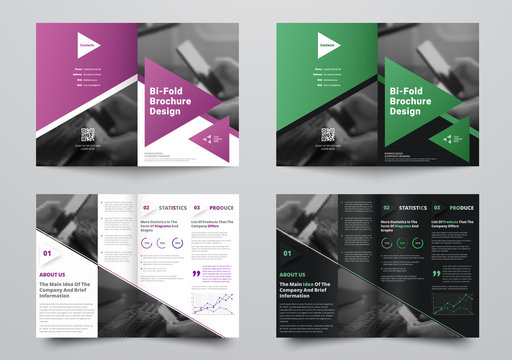 Vector bifold brochure for business with a place for photos and triangular design elements