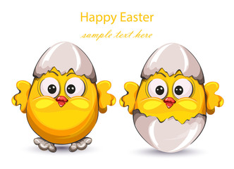 Easter card with cracked eggs and cute little chicken. Vector
