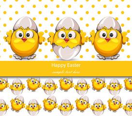 Easter card with cracked eggs and cute little chicken. Vector Retro style cutes