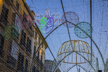 Iconic street point city, commercial street, Marques de Larios, decorated lights.Malaga, Spain.