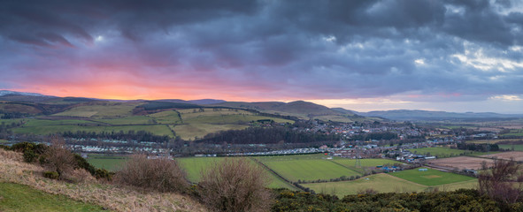 Sunset Panorama over the Cheviots and Glendale / at Wooler a small market town in Northumberland,...