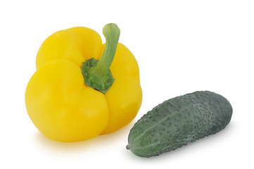 Yellow pepper and green cucumber isolated on white background 