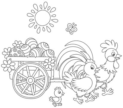 Small wooden cart with painted Easter eggs pulled by a rooster with a hen and a little chick, black and white vector illustration in a cartoon style for a coloring book