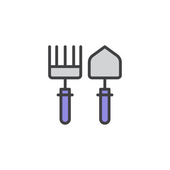 Spade and rake filled outline icon, line vector sign, linear colorful pictogram isolated on white. Gardening tools symbol, logo illustration. Pixel perfect vector graphics