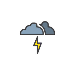 Clouds and lightning filled outline icon, line vector sign, linear colorful pictogram isolated on white. Storm weather symbol, logo illustration. Pixel perfect vector graphics