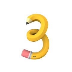 Numeral 3 from pencil, cartoon 3d number isolated on white background