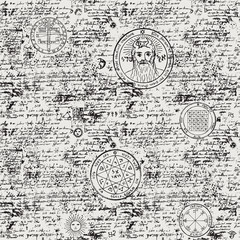 Fototapeta premium Vector texture, seamless background on the theme of old manuscript with occult lyrics and symbols. Medieval papyrus with blots and spots in retro style