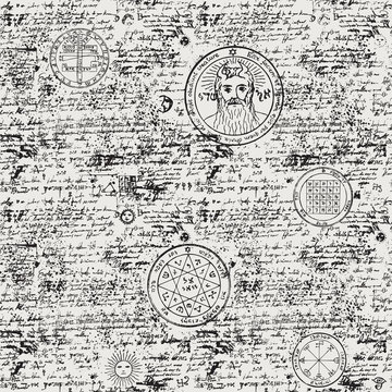 Vector texture, seamless background on the theme of old manuscript with occult lyrics and symbols. Medieval papyrus with blots and spots in retro style