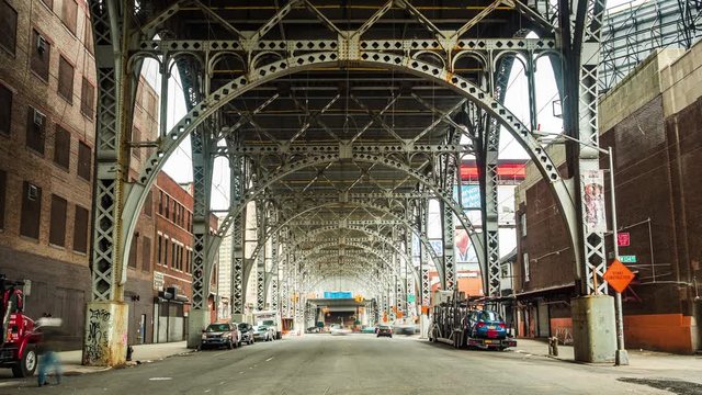 Manhattan, New York City, United States, time lapse view of traffic under the Riverside Drive viaduct in West Harlem.