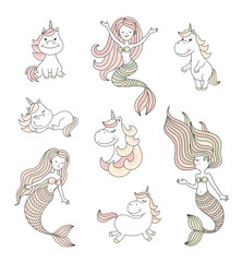 Cute little mermaids and magical unicorns vector set