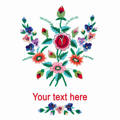 Card with space for text. Embroidered bouquet of flowers repeat isolated on white background