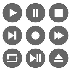 Media player control buttons set. Play, pause, stop, record, forward, rewind, previous, next, eject, repeat  icons in circle. Vector.
