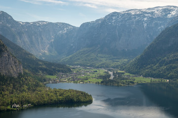 Aerial View village in hallstatt city background mountain Alps