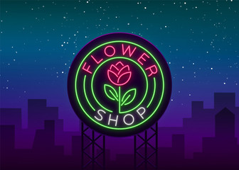 Flower shop logo, neon sign. Vector illustration on the theme of selling flowers. Neon banner, vivid advertising of flowers, night sign
