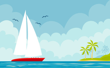 Vector seascape with boat and an island