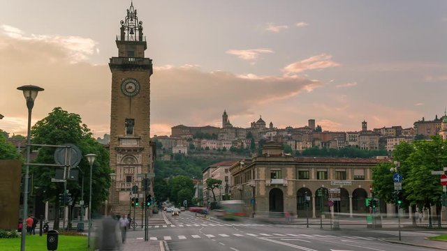 BERGAMO, ITALY - MAY 3, 2017: Timelapse of the tower in the city centre. Historical architecture.