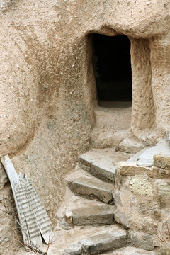 a Cave home's door and stairs in Cappadocia, Turkey