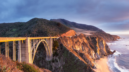 Bixby Creek Bridge on Highway 1 at the US West Coast traveling south to Los Angeles, Big Sur Area,...