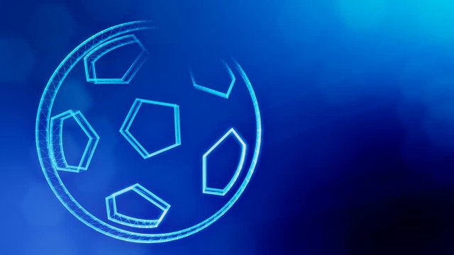 icon of soccer ball. Background made of glow particles as vitrtual hologram.. 3D seamless animation with depth of field, bokeh and copy space. Blue color v1