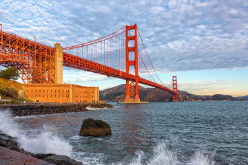 Famous Golden Gate Bridge at sunrise, San Francisco USA
