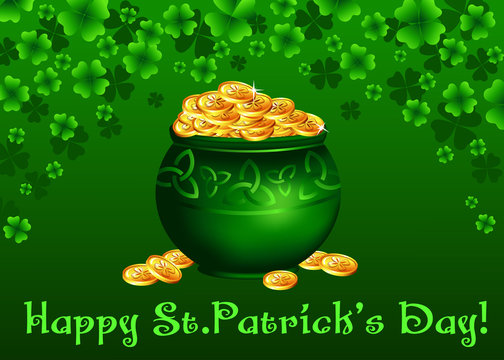 St.Patrick's Day background with a pot full of coins.