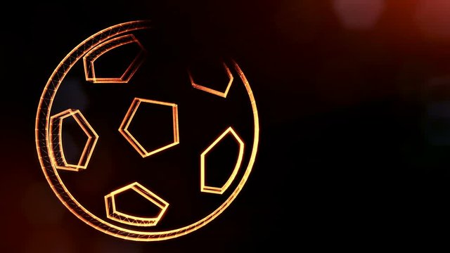 icon of soccer ball. Background made of glow particles as vitrtual hologram.. 3D seamless animation with depth of field, bokeh and copy space. Dark background V1