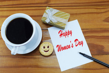 Happy Women's Day ( March 8),congratulations on March 8, morning coffee with a cheerful cookie and a gift