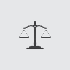 Black justice scales icon. Law balance symbol. Libra in flat design. Vector illustration