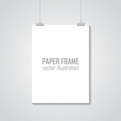 Empty A4 sized vector paper frame mockup hanging with paper clip - stock vector