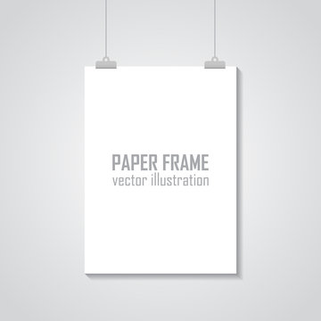 Empty A4 sized vector paper frame mockup hanging with paper clip - stock vector