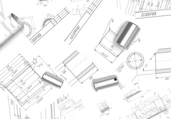 drawing of machine parts. Design documentation. Drawings and metal parts. Shaft, pinion, bushing and paper drawings. 3D rendering. project