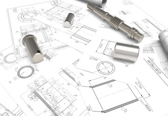 drawing of machine parts. Design documentation. Drawings and metal parts. Shaft, pinion, bushing and paper drawings. 3D rendering. project